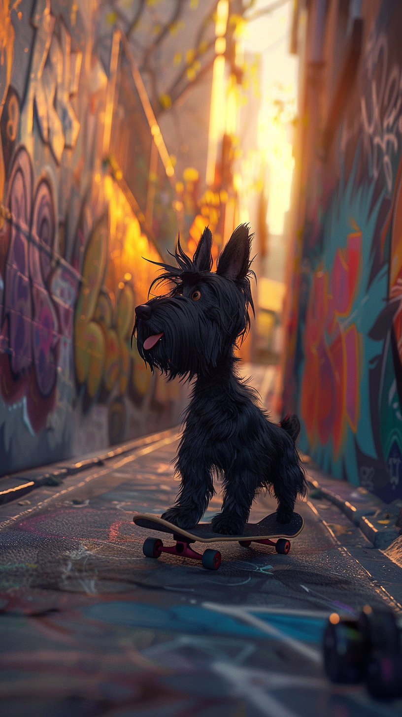 Animated black Scottie dog skateboarding adventure