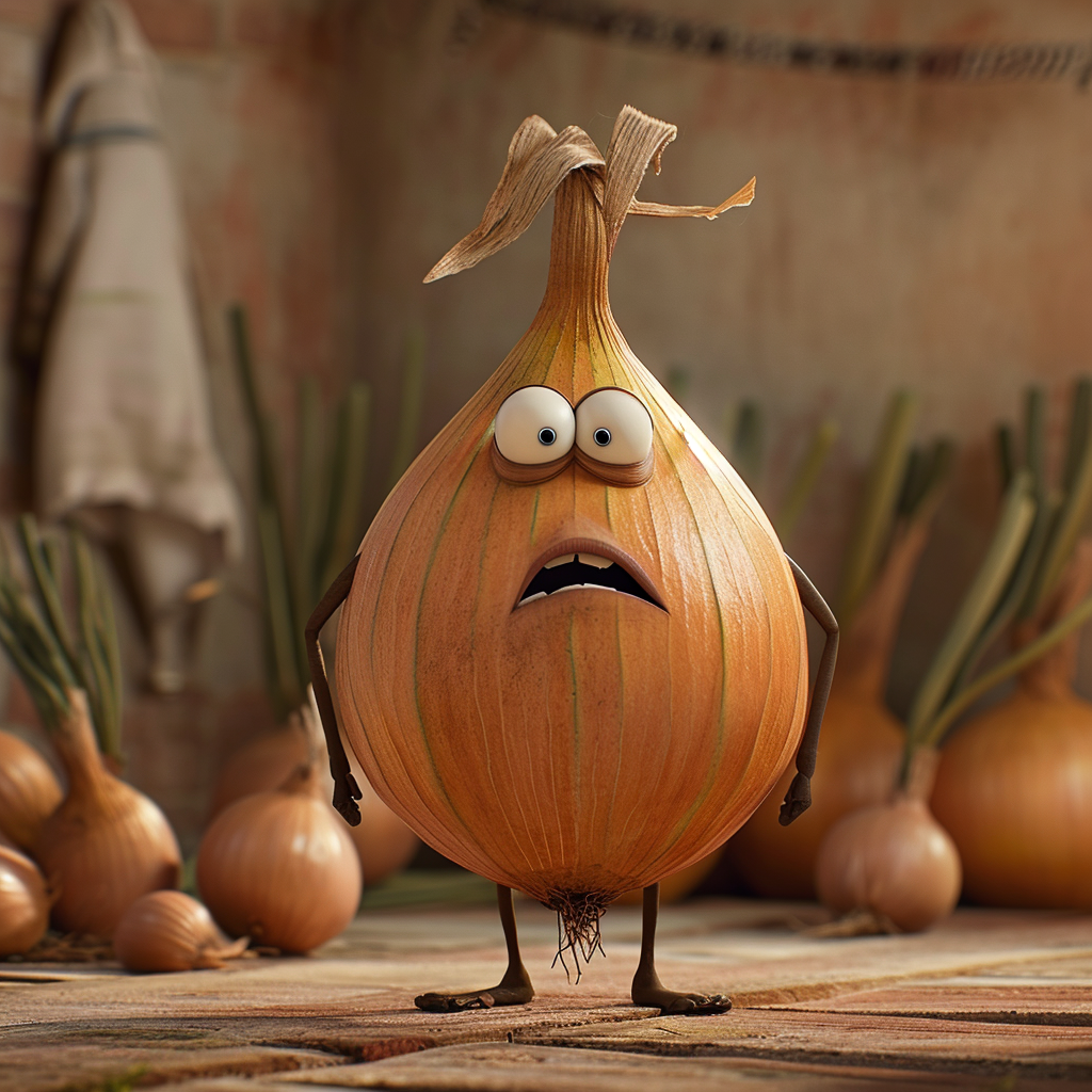 Animated onion in criss-cross costume