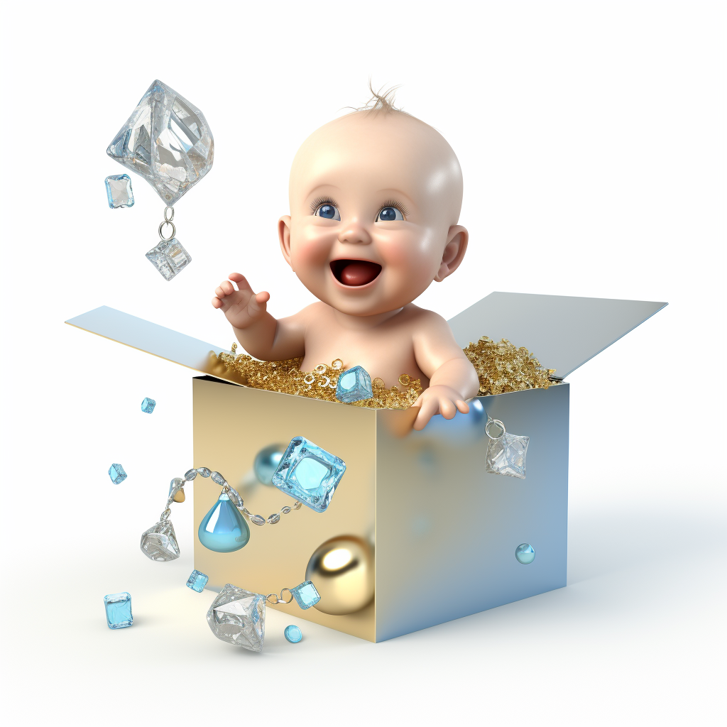 Cute baby sitting in box of jewels