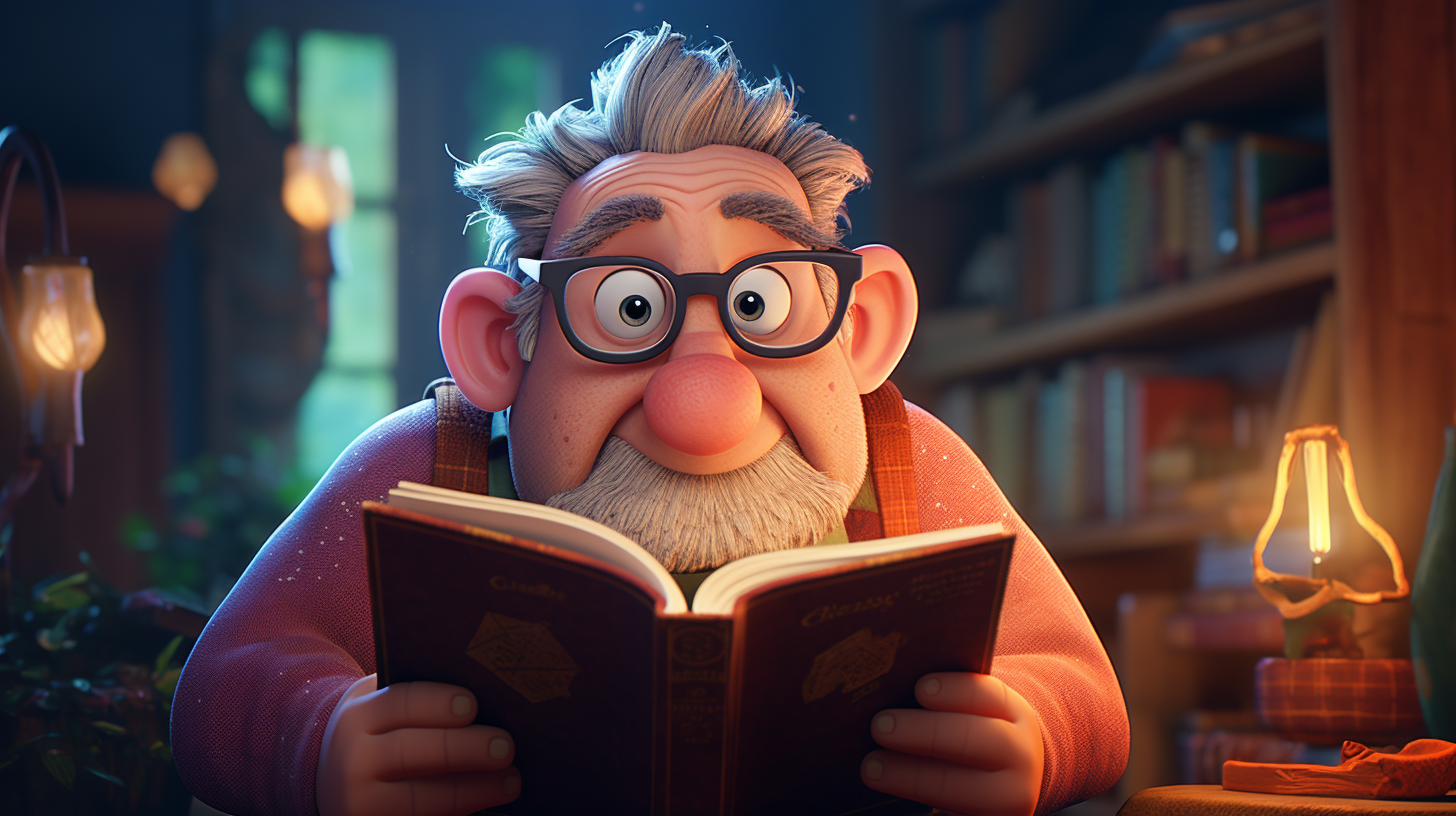 Animated character reading a book