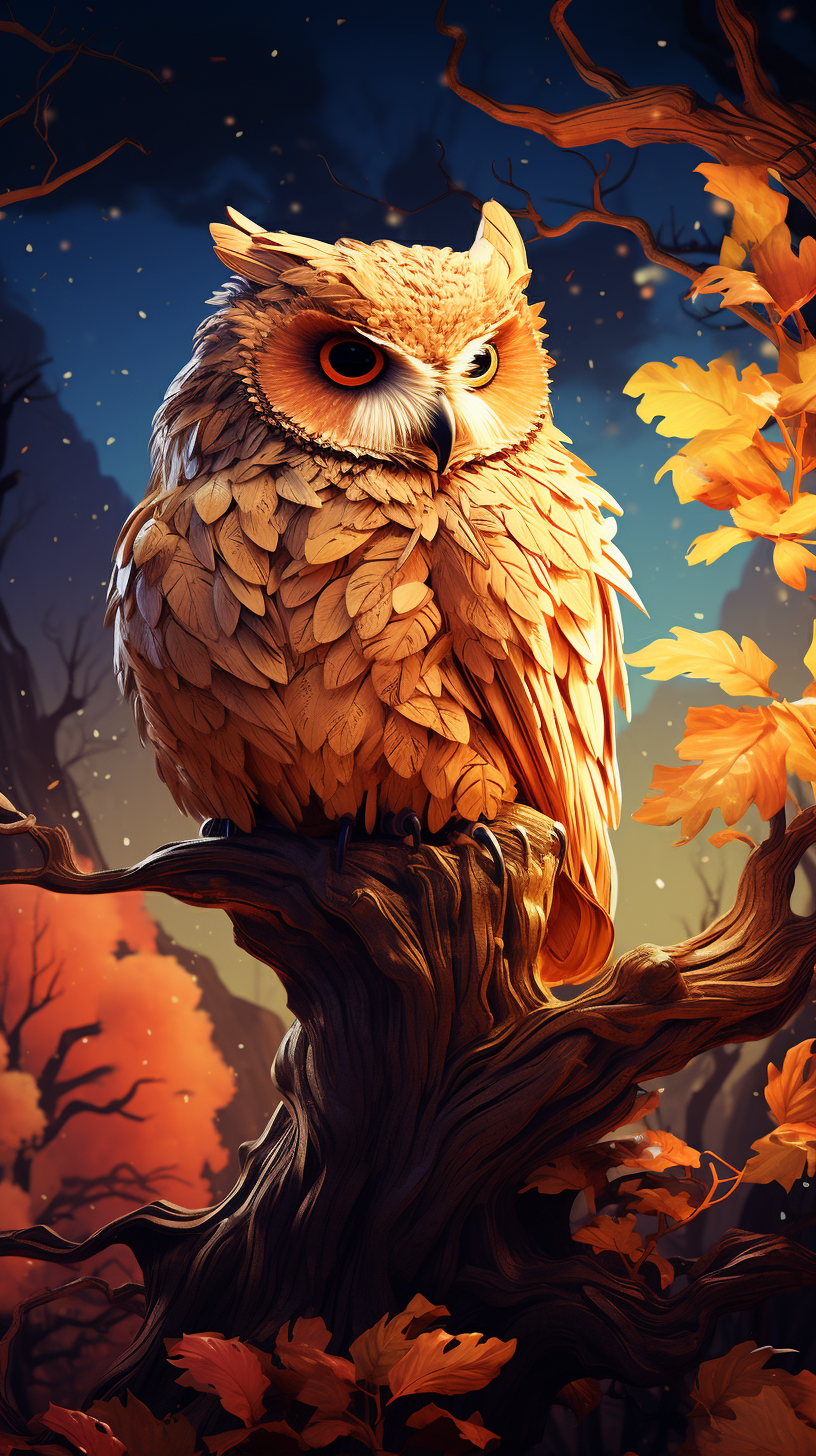 Animated owl perched on tree branch