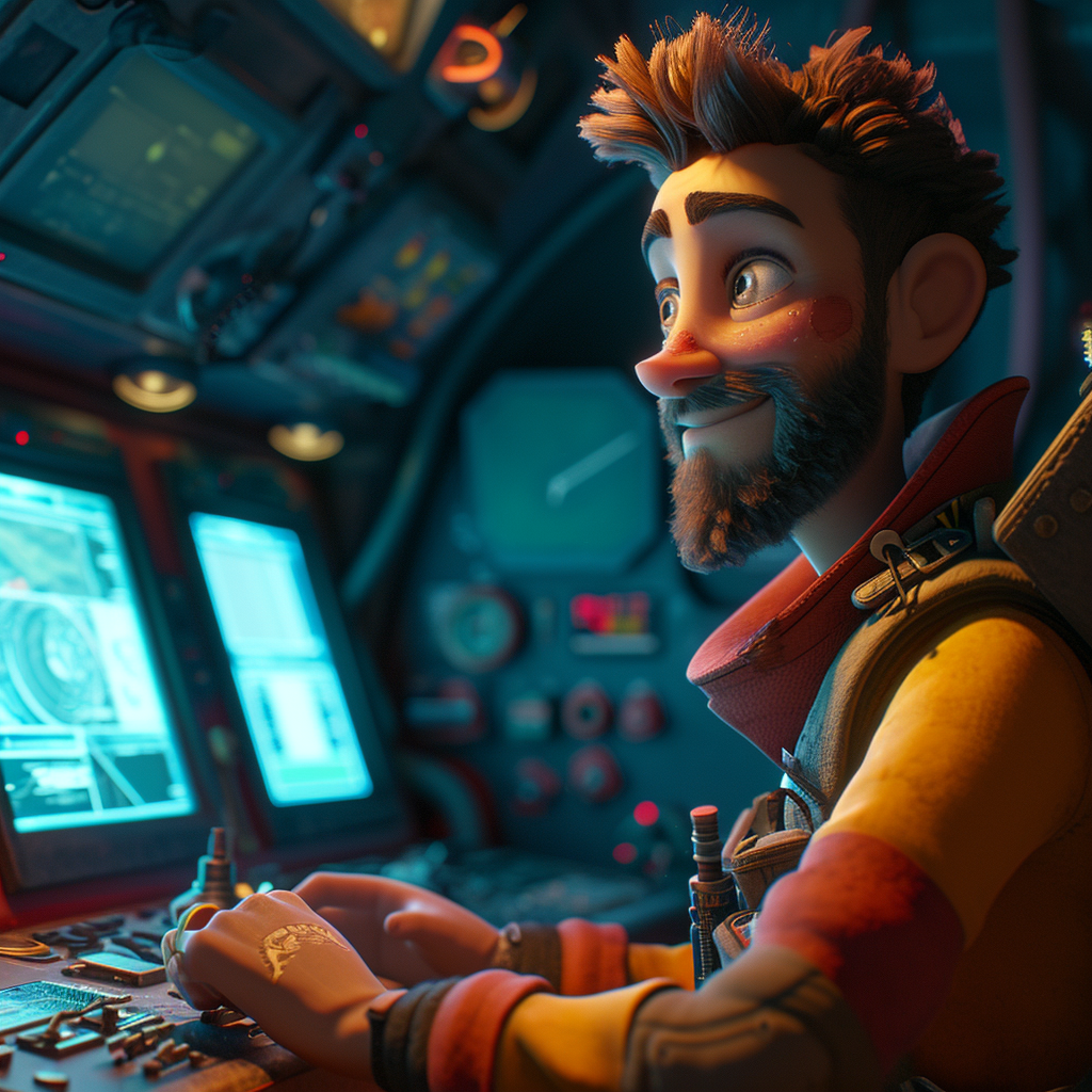 Animated pilot coding in futuristic cockpit