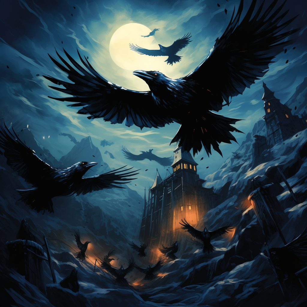 Animated ravens with glowing eyes