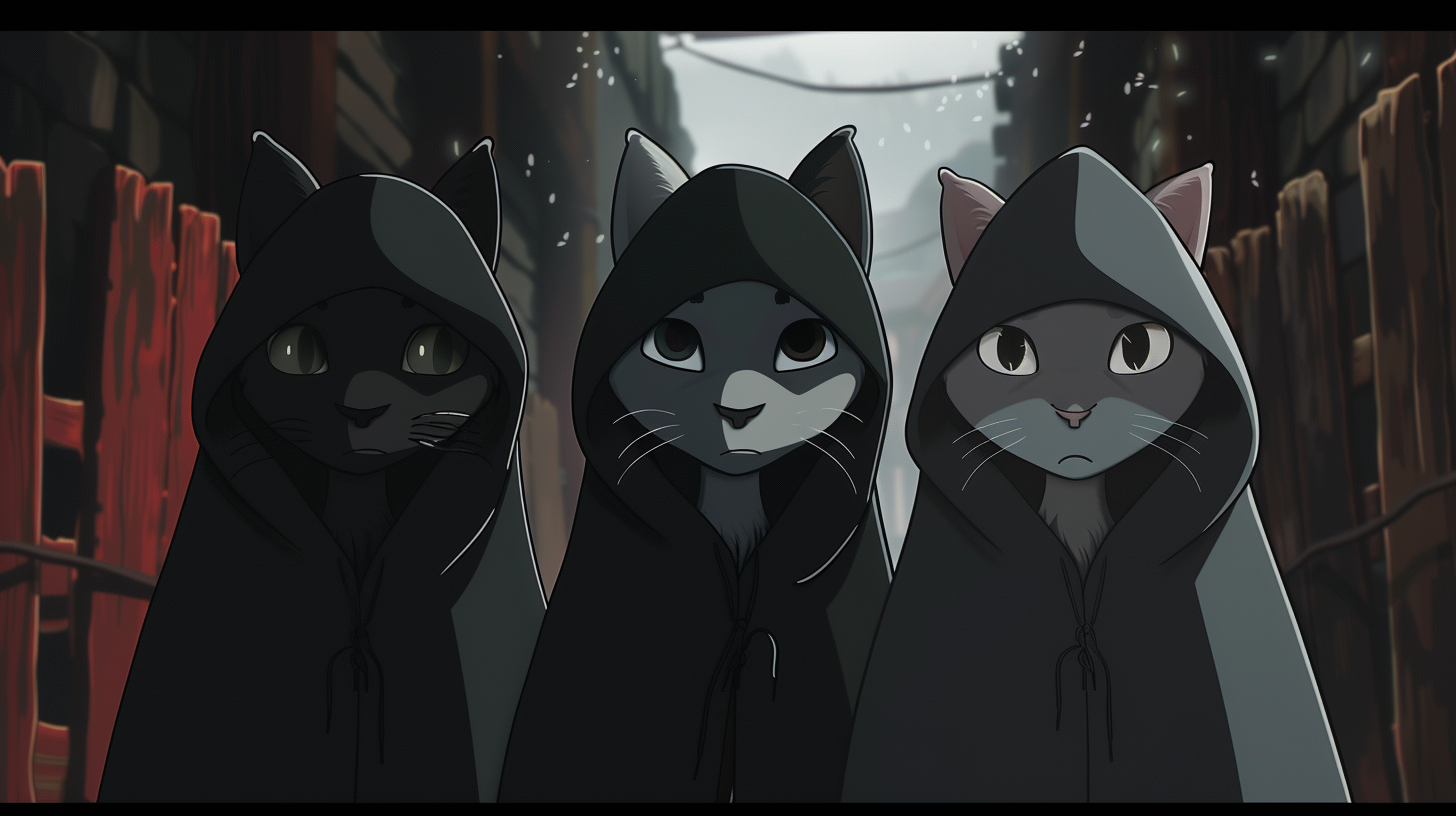 Hooded Cats in Dark Environment