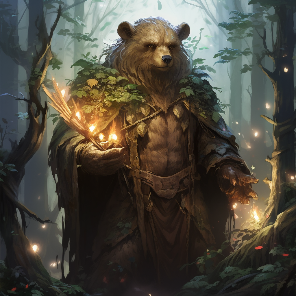 Anime bear druid in beautiful forest