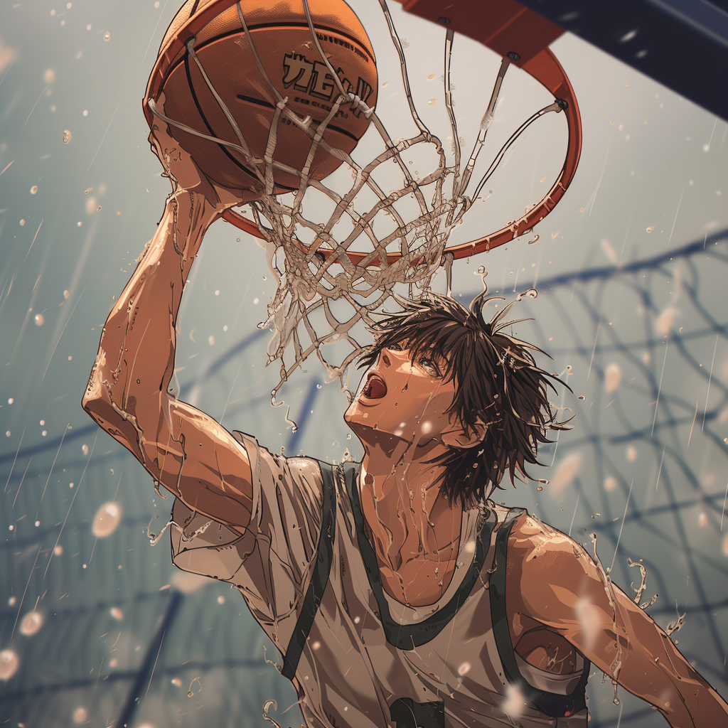 Anime boy dunking basketball moment