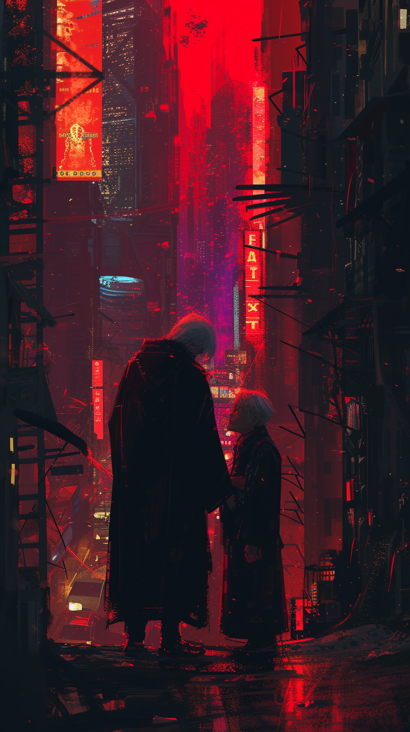 Anime boy helping old lady in dark city