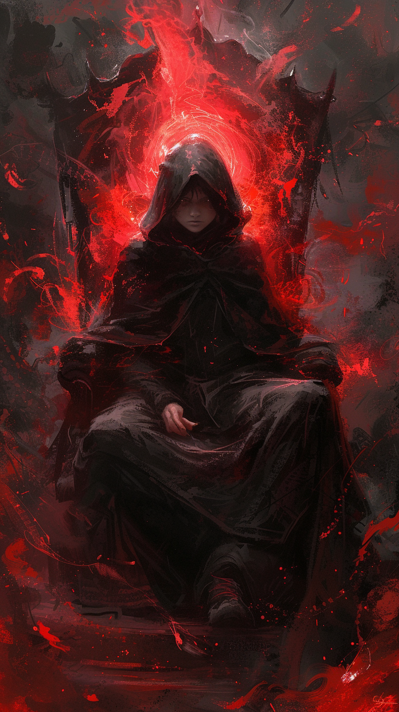 Hooded anime boy on throne with dark energies