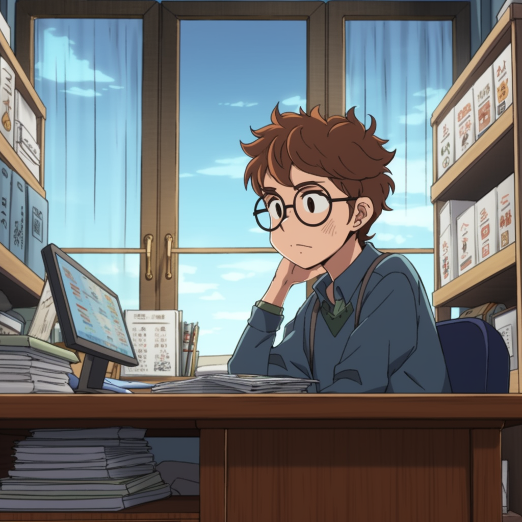 Anime cartoon sitting at desk