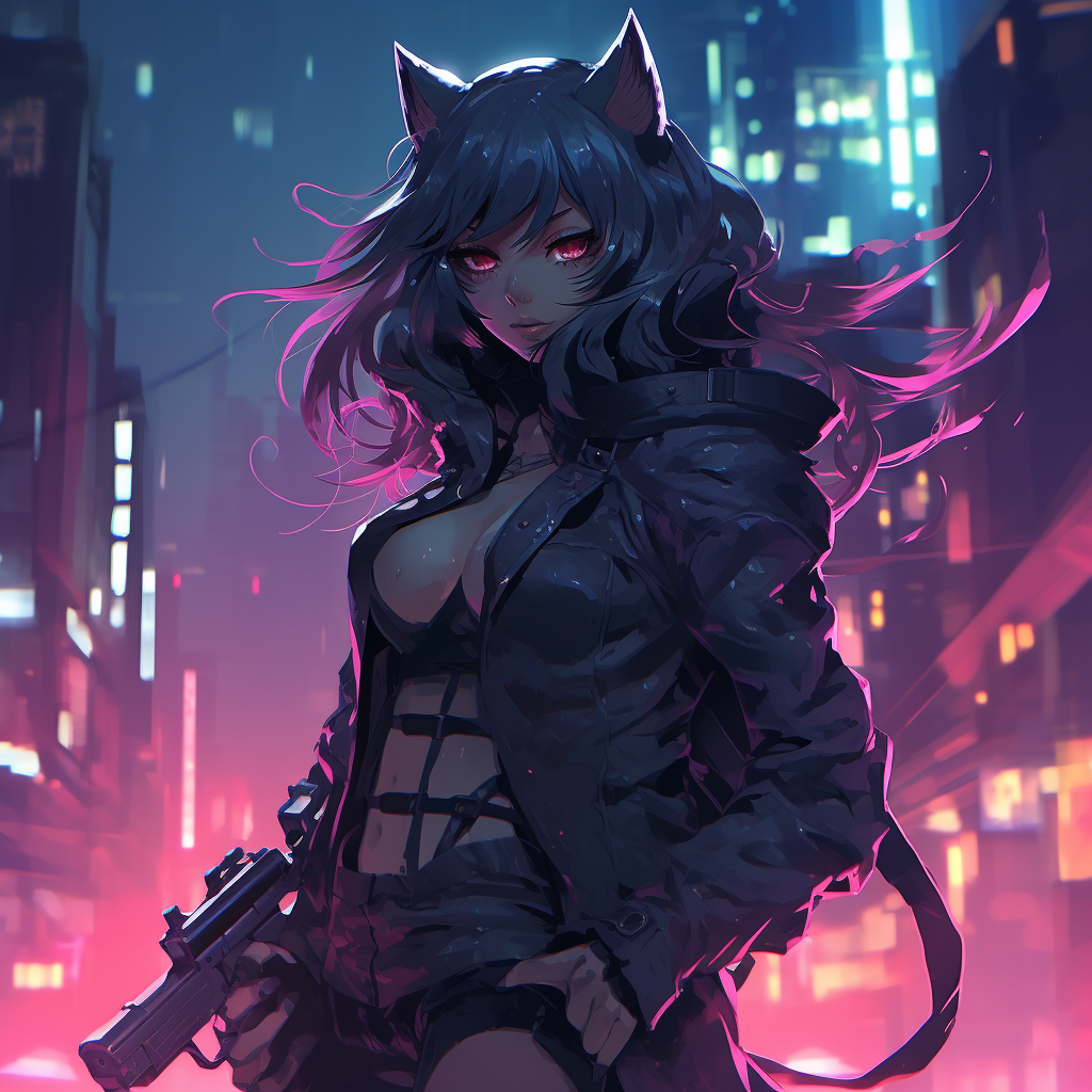 Anime catgirl with long hair in cyberpunk Tokyo night