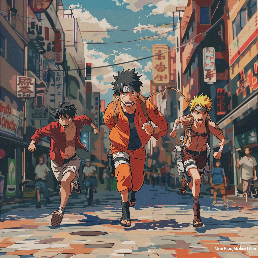 anime characters running street