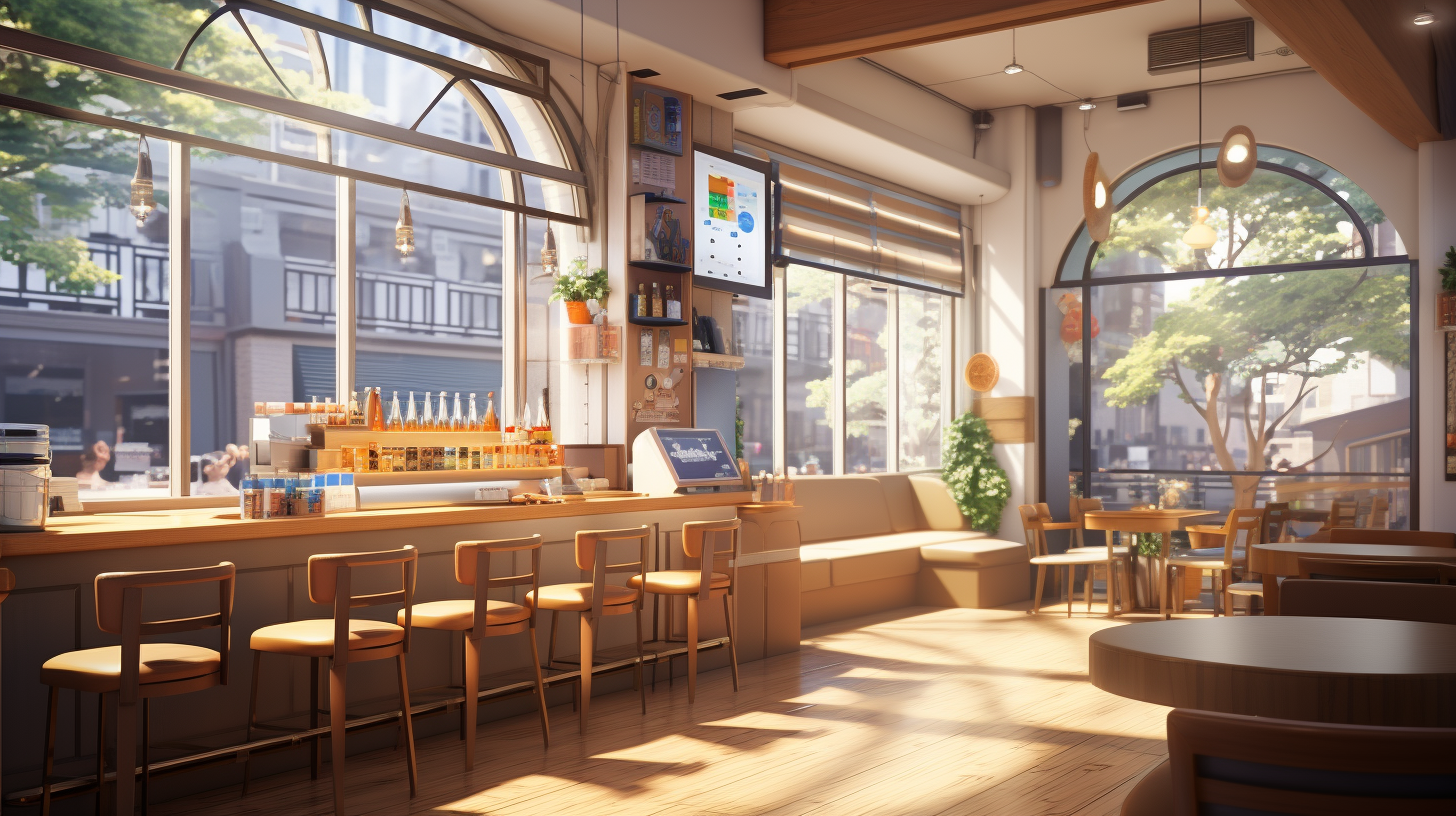 Cozy anime coffee shop with bright window