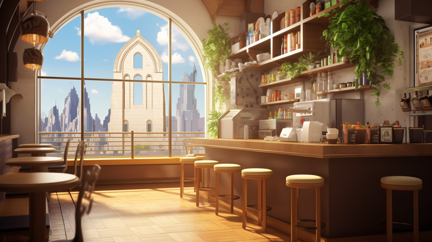 Modern arch window in anime coffee shop