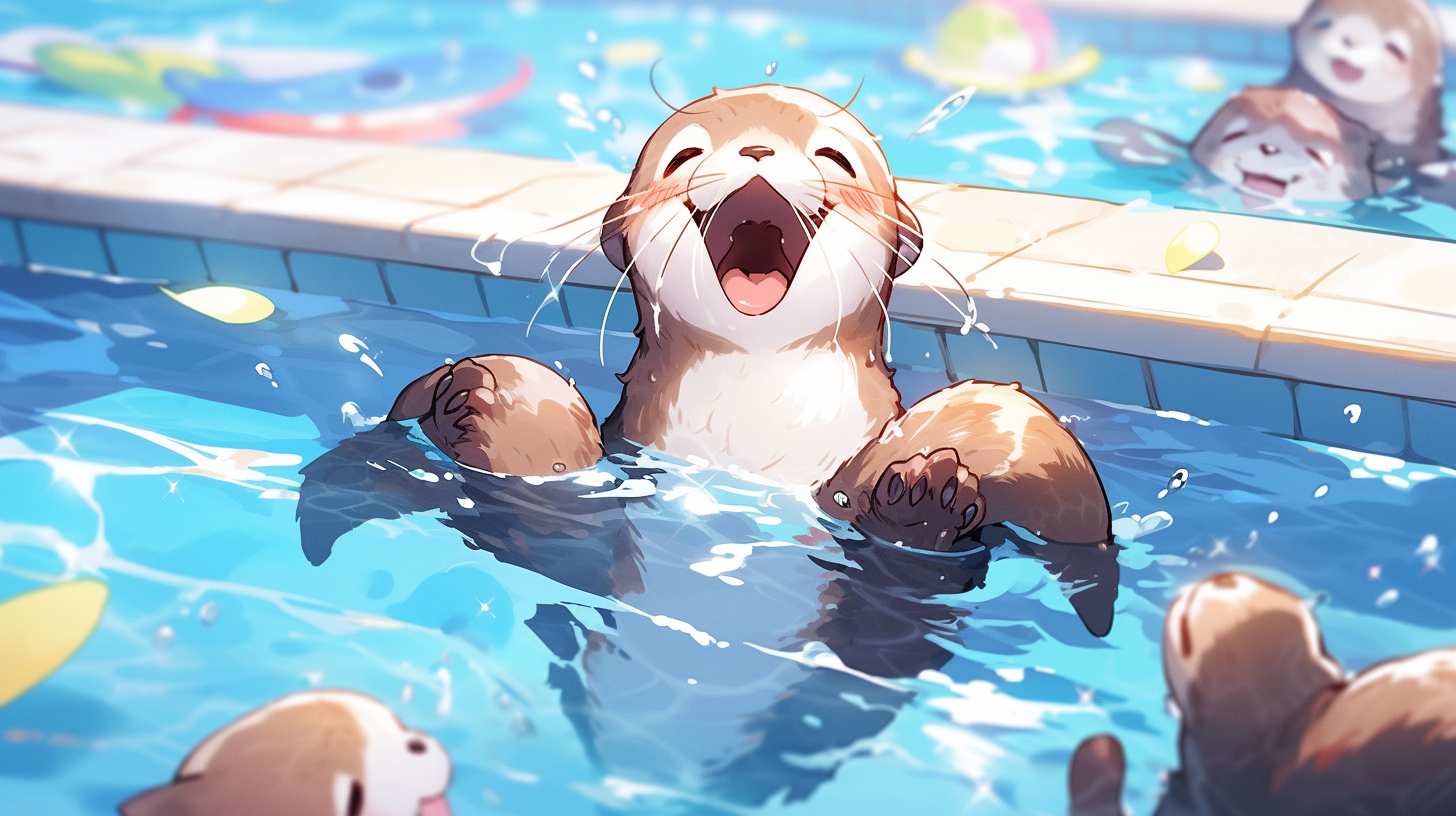 Anime cute otter swimming on pool happy smile