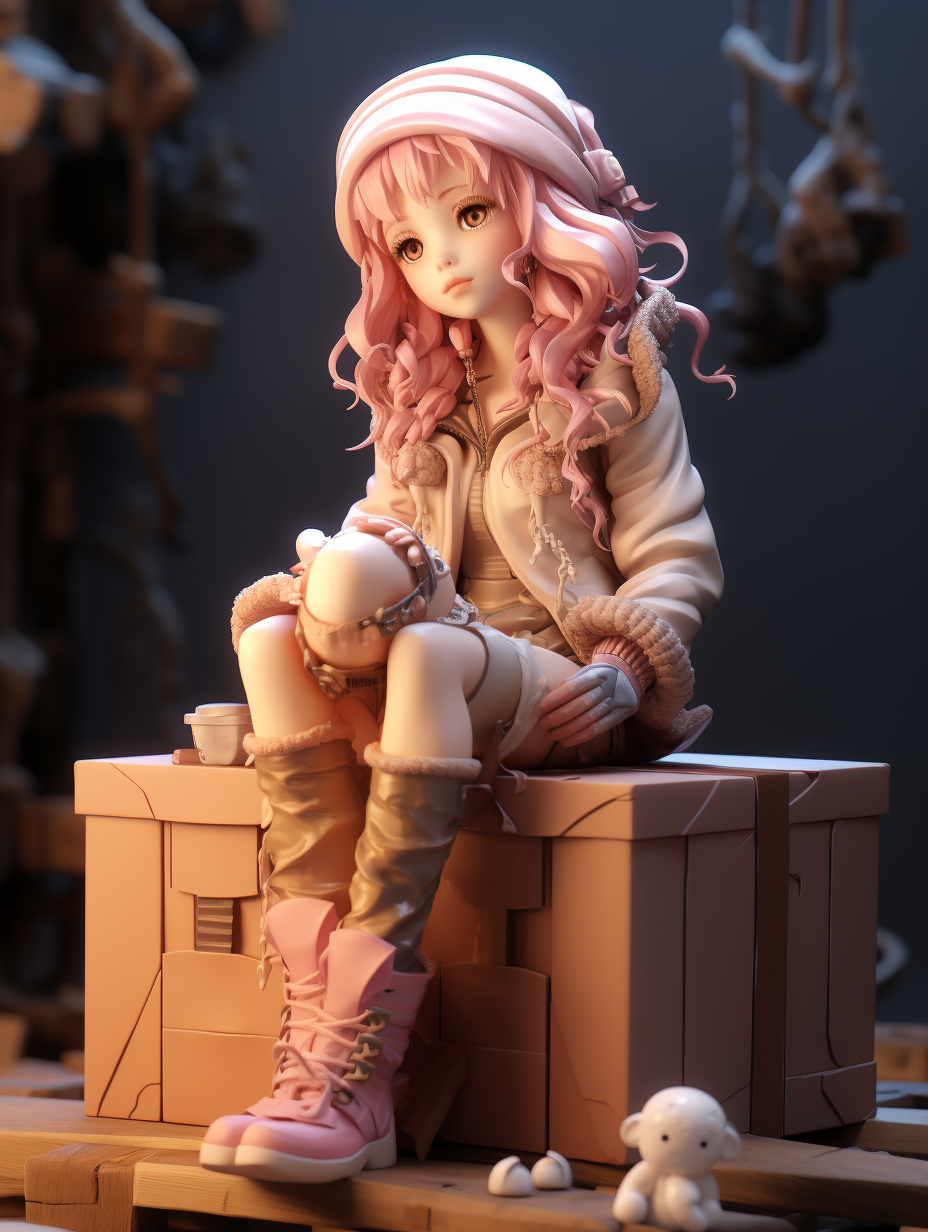 Cute anime doll sitting on box