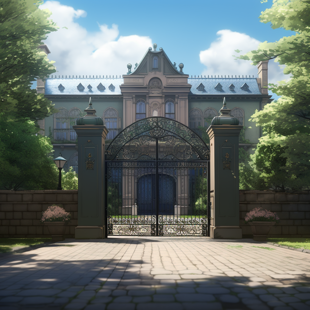 Anime driveway leading to giant metal gate and mansion