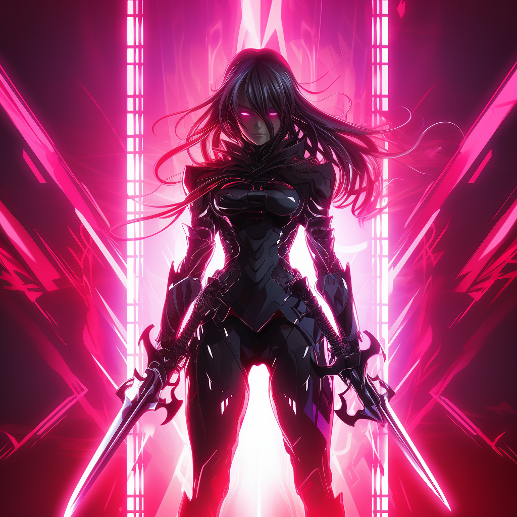 Beautiful anime warrior in black cyber suit