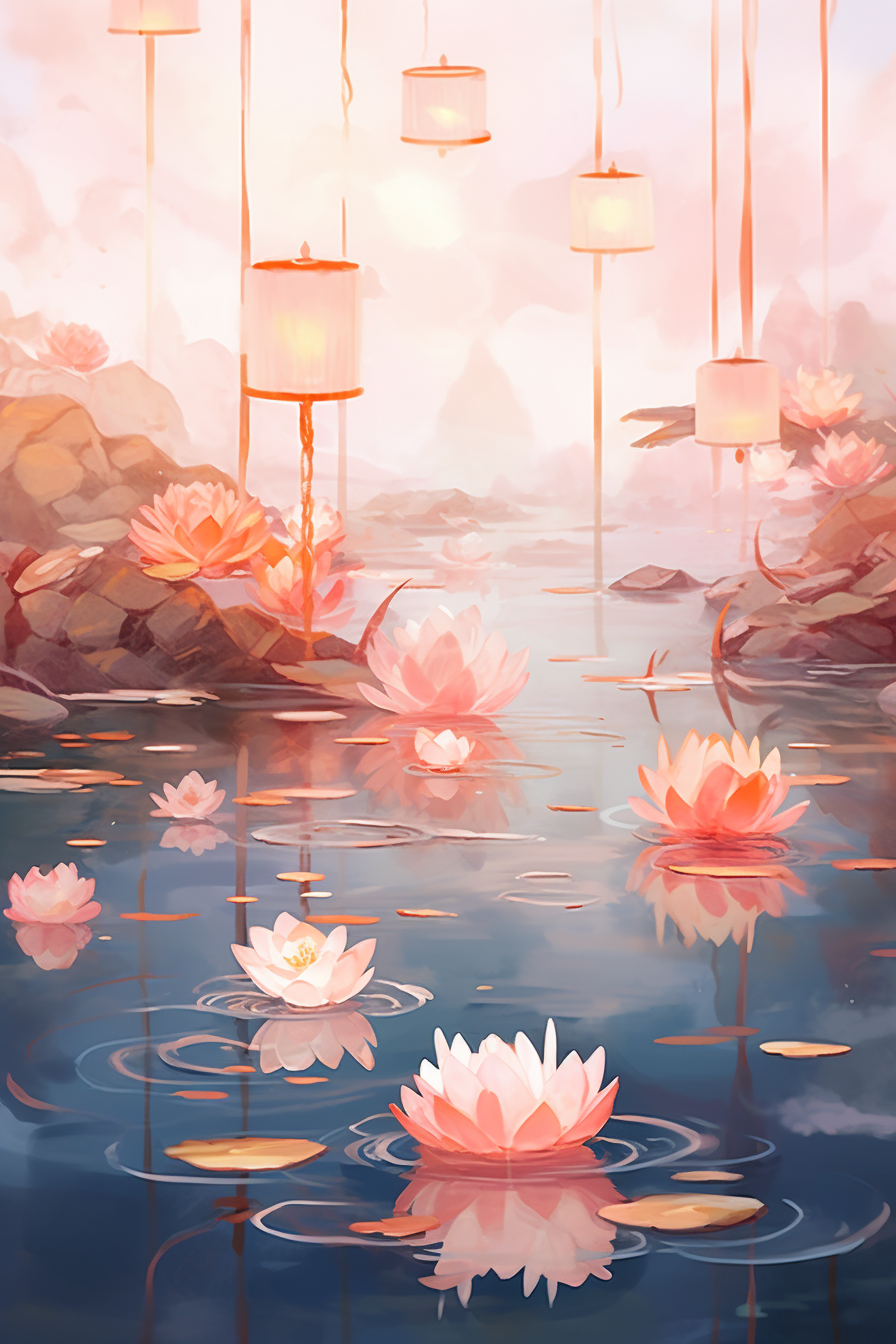 Beautiful anime flower lanterns on water