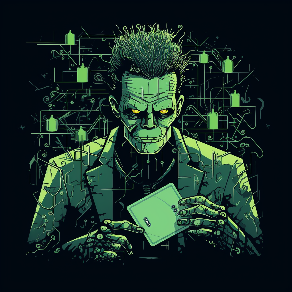 Anime Frankenstein monster made of bank logos