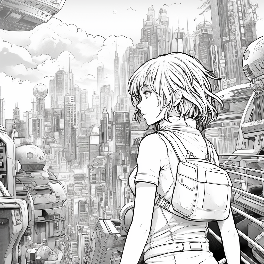 Anime heroine exploring futuristic cityscape