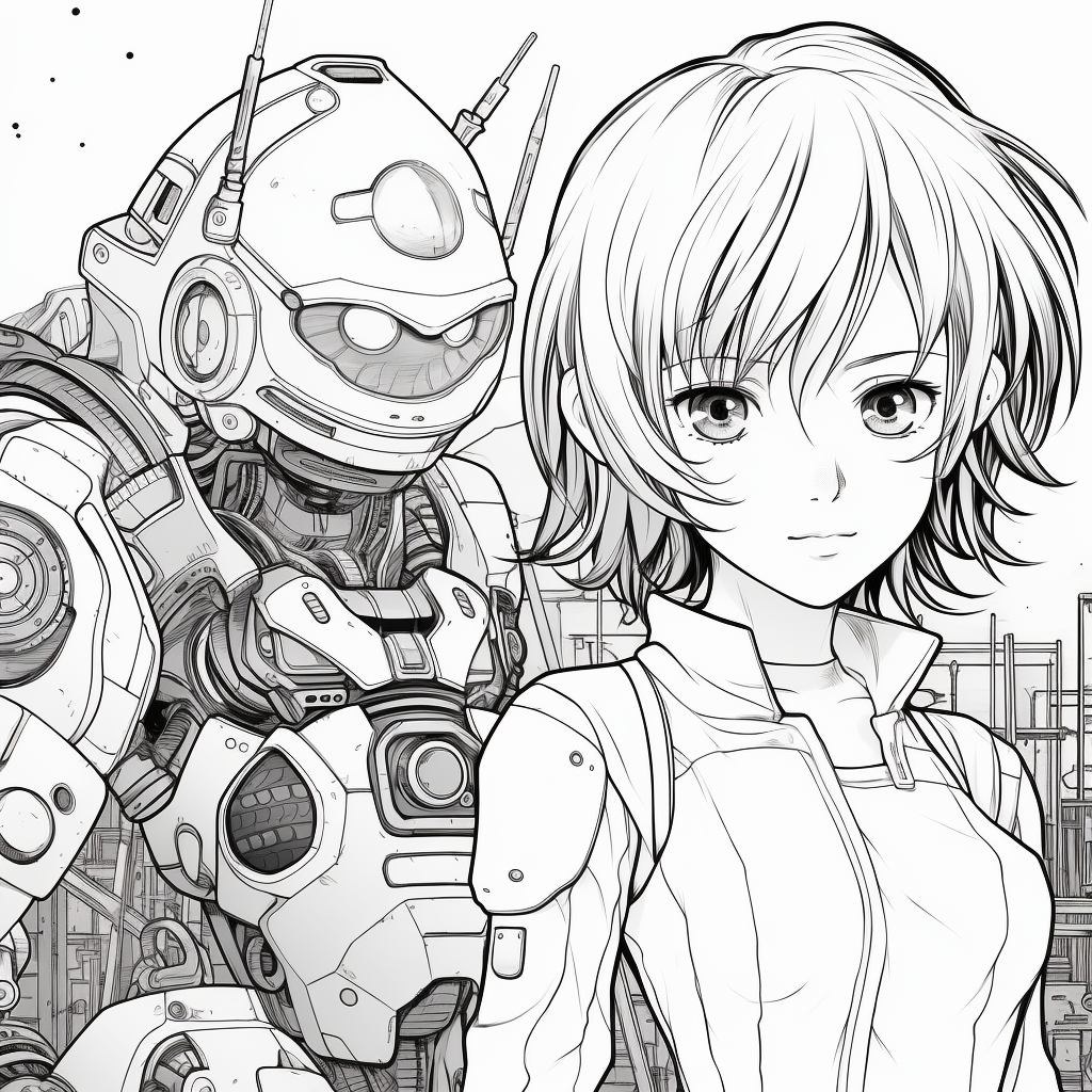 Anime futuristic robot companion and heroine coloring page