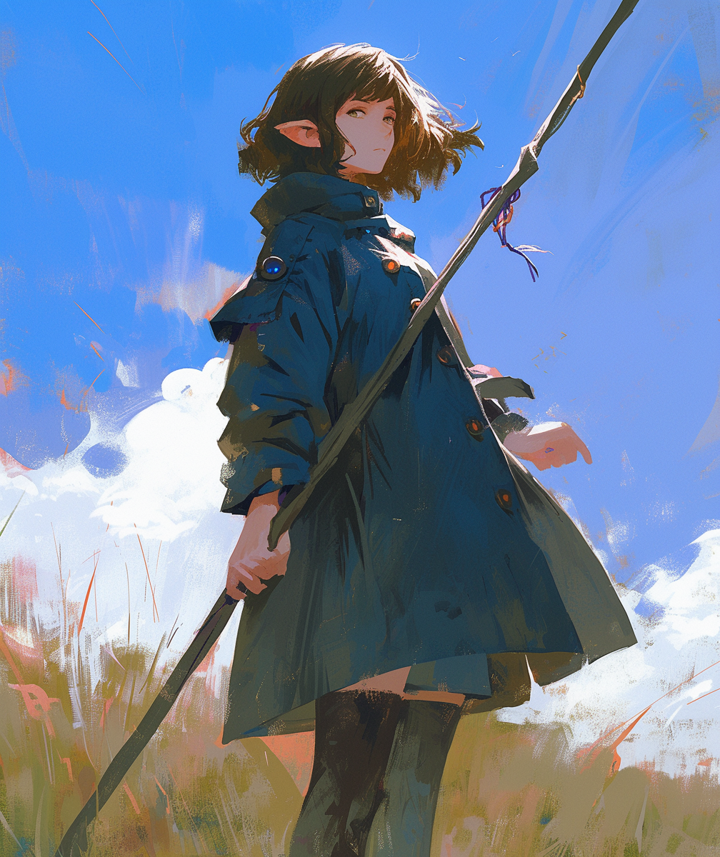 Anime girl in blue coat with stick