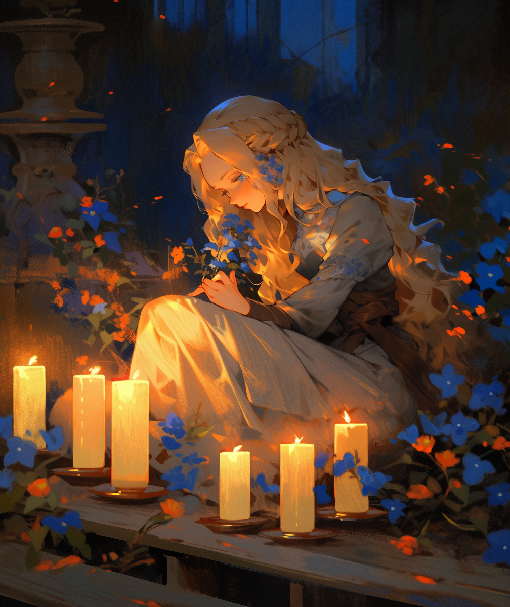 Anime girl candle flowers goblincore style