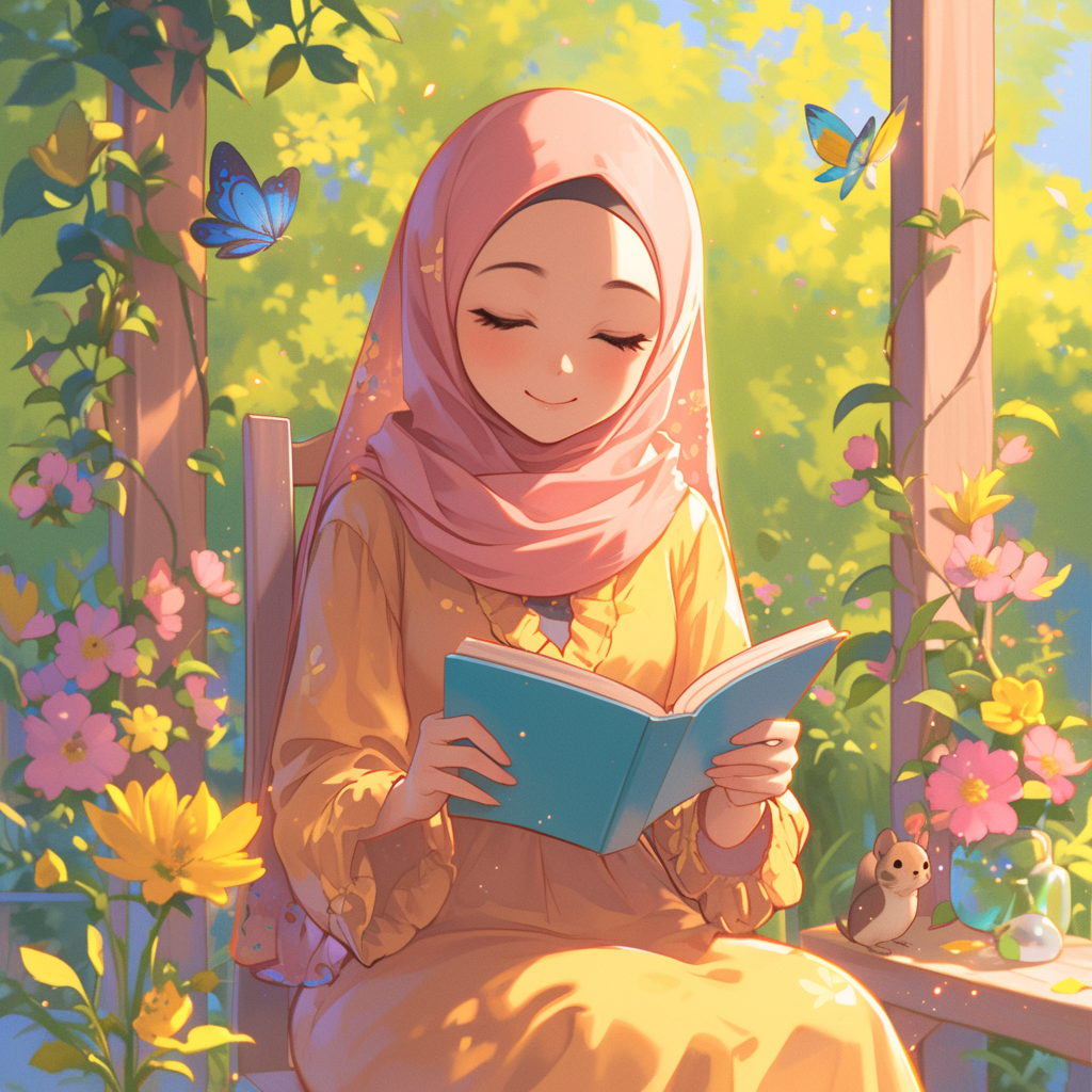 Muslim girl reading book with nature