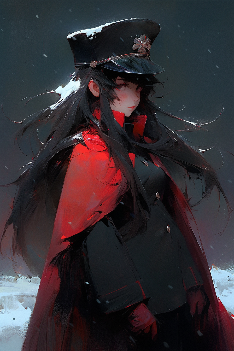 Anime girl in red military uniform on snowy night