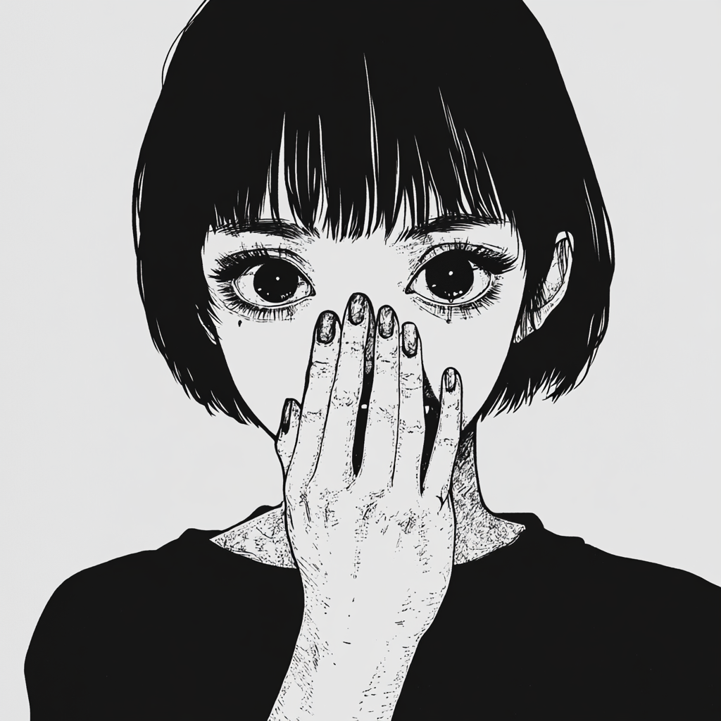 anime girl with short hair, demon eyes, hands covering mouth