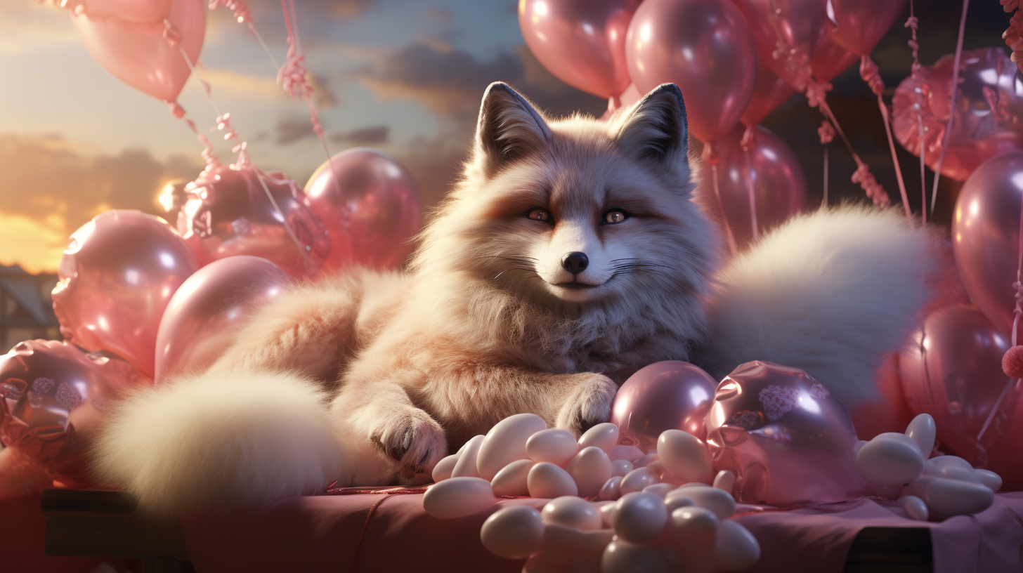 Realistic Anime Kitsune Fox with Neon Balloons Sushi