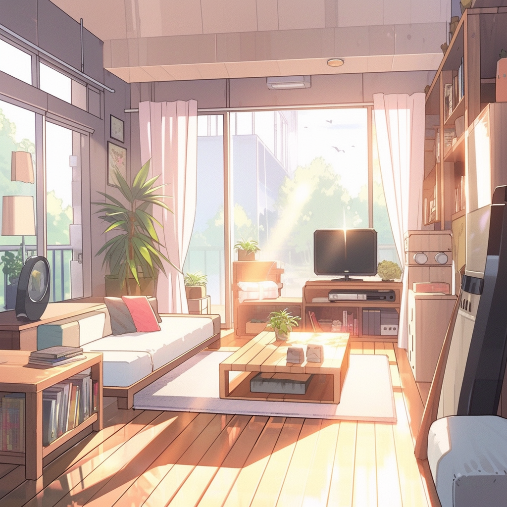 Cozy anime living room with vibrant colors