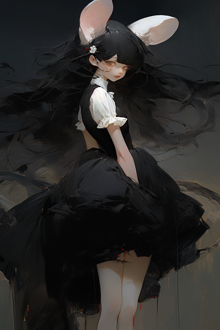 Anime Mouse Girl with Long Hair and Black Dress