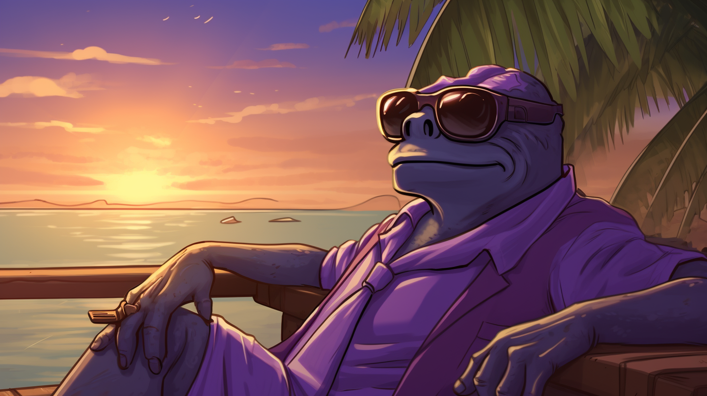 Purple anime Pepe meme on vacation