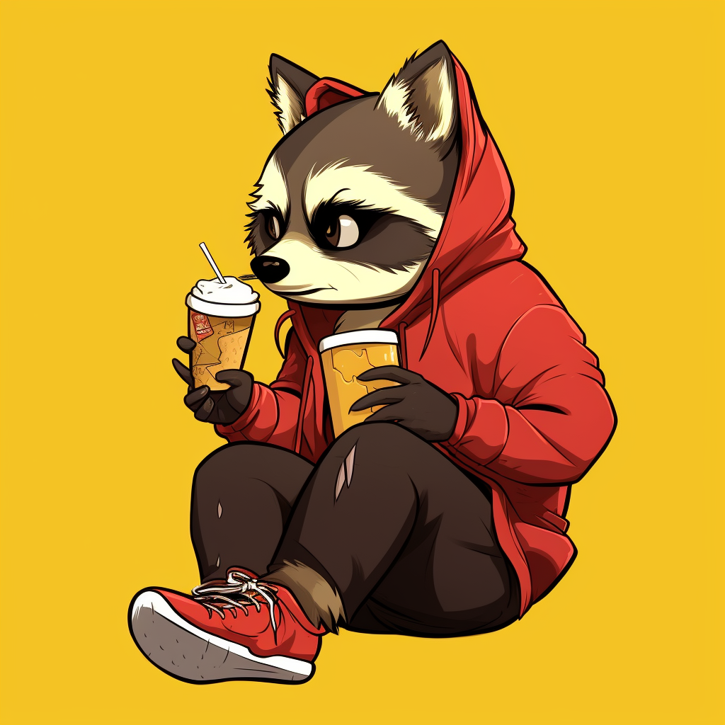 Smiling anime racoon eating a burger