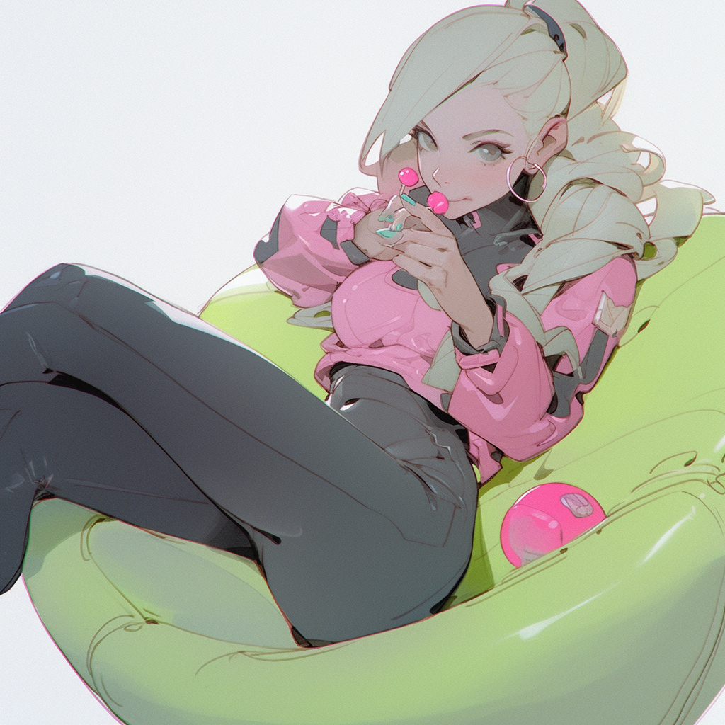 Anime girl on sofa chewing bubble gum