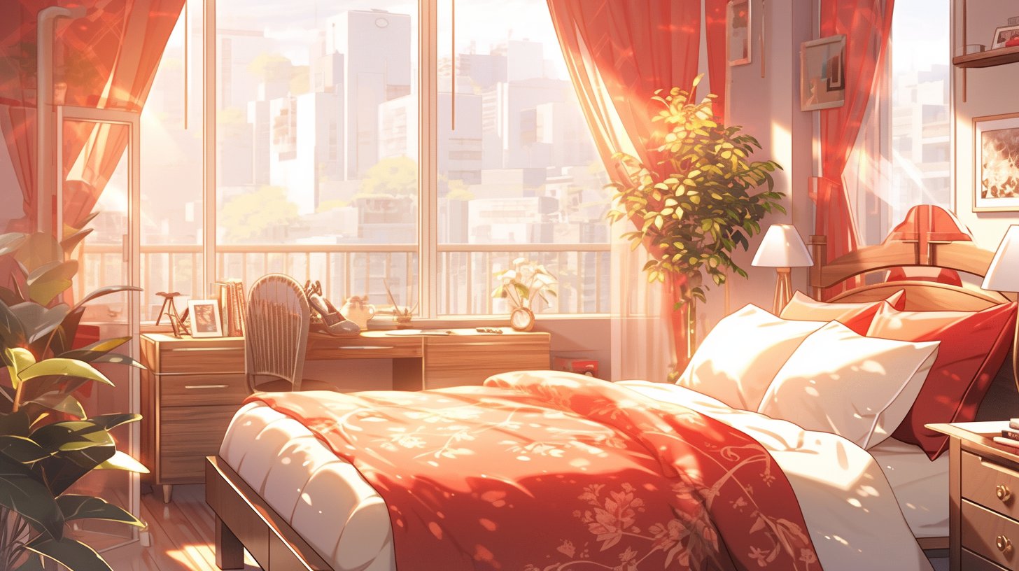 Soft Anime-style Bedroom with Open Window in Red Theme