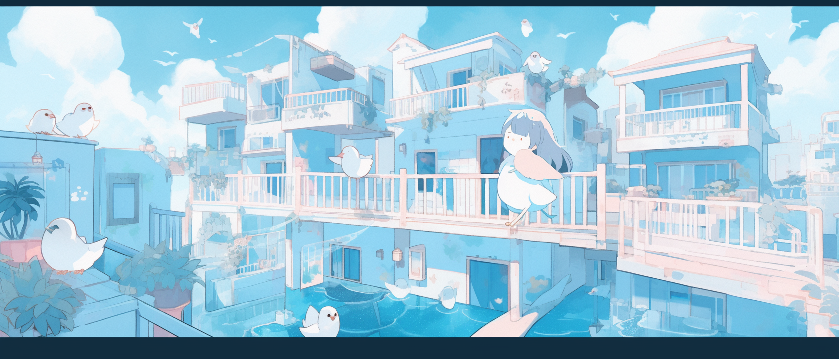 Anime-style cute street with blue skies