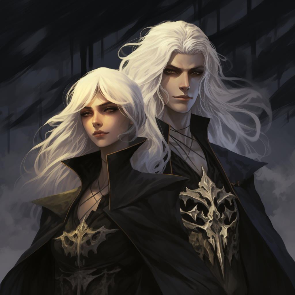 Anime twins with white hair and yellow eyes