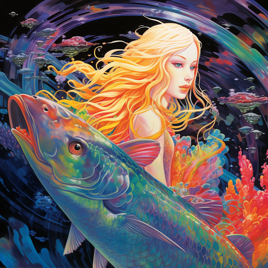 Anime style oil painting, beautiful woman, mermaid dress, giant Arowana