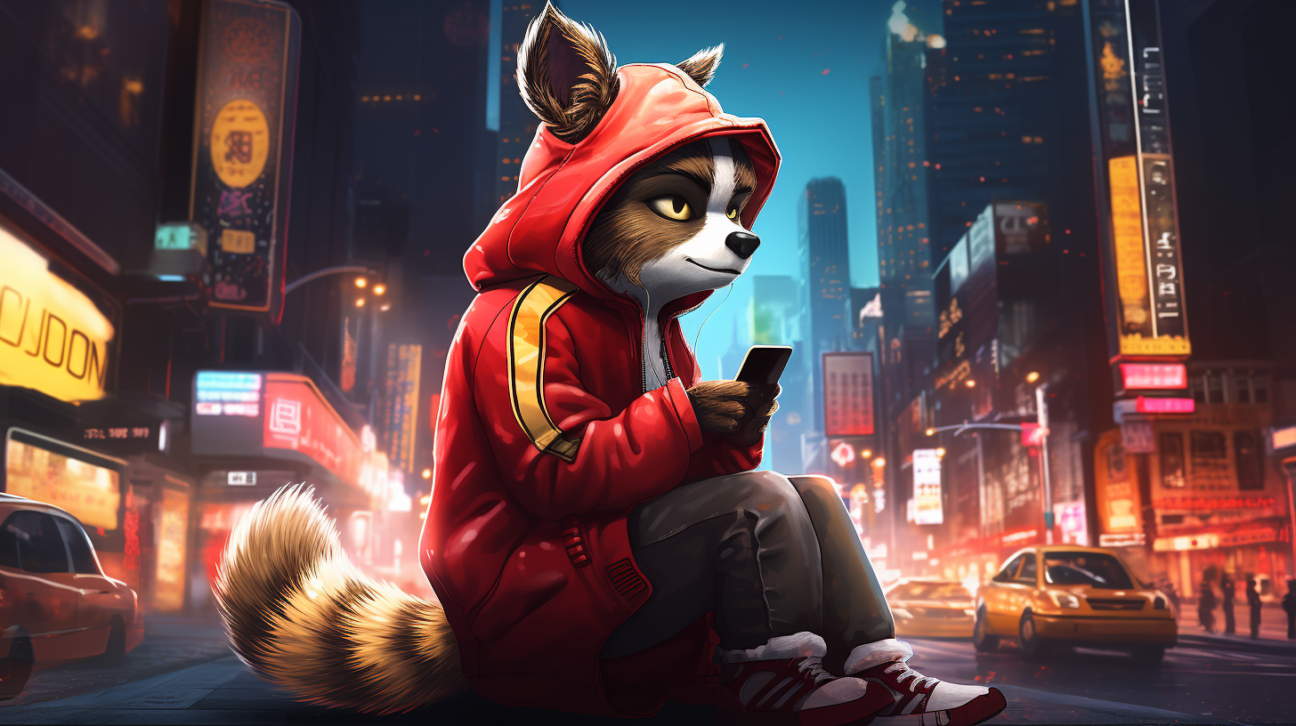 Cute anime-style raccoon wearing red hoodie and basketball sneakers