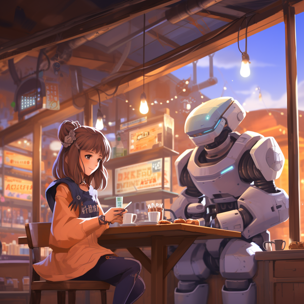 Anime style robot in coffee shop