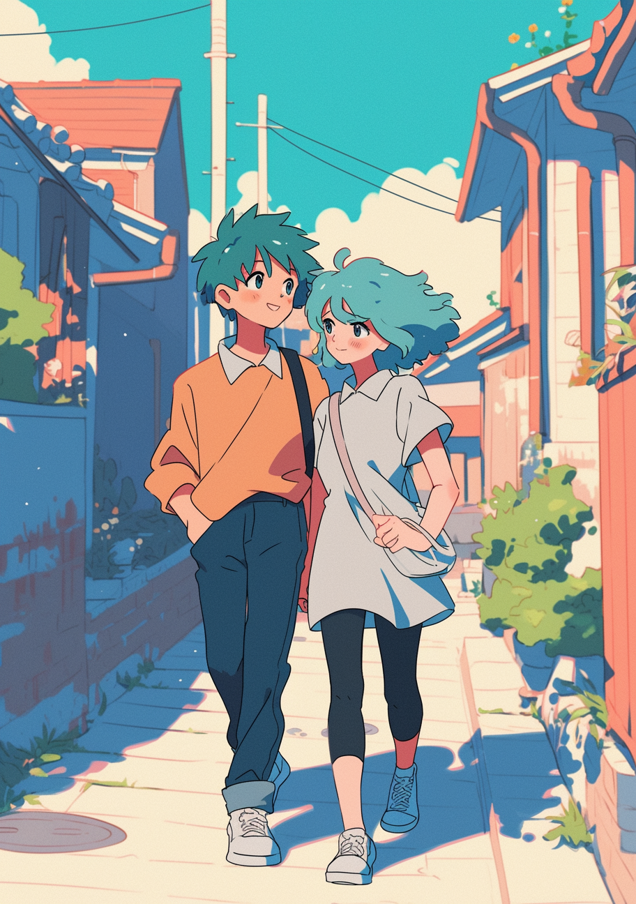 anime style with boy and girl walking, vivid colors.