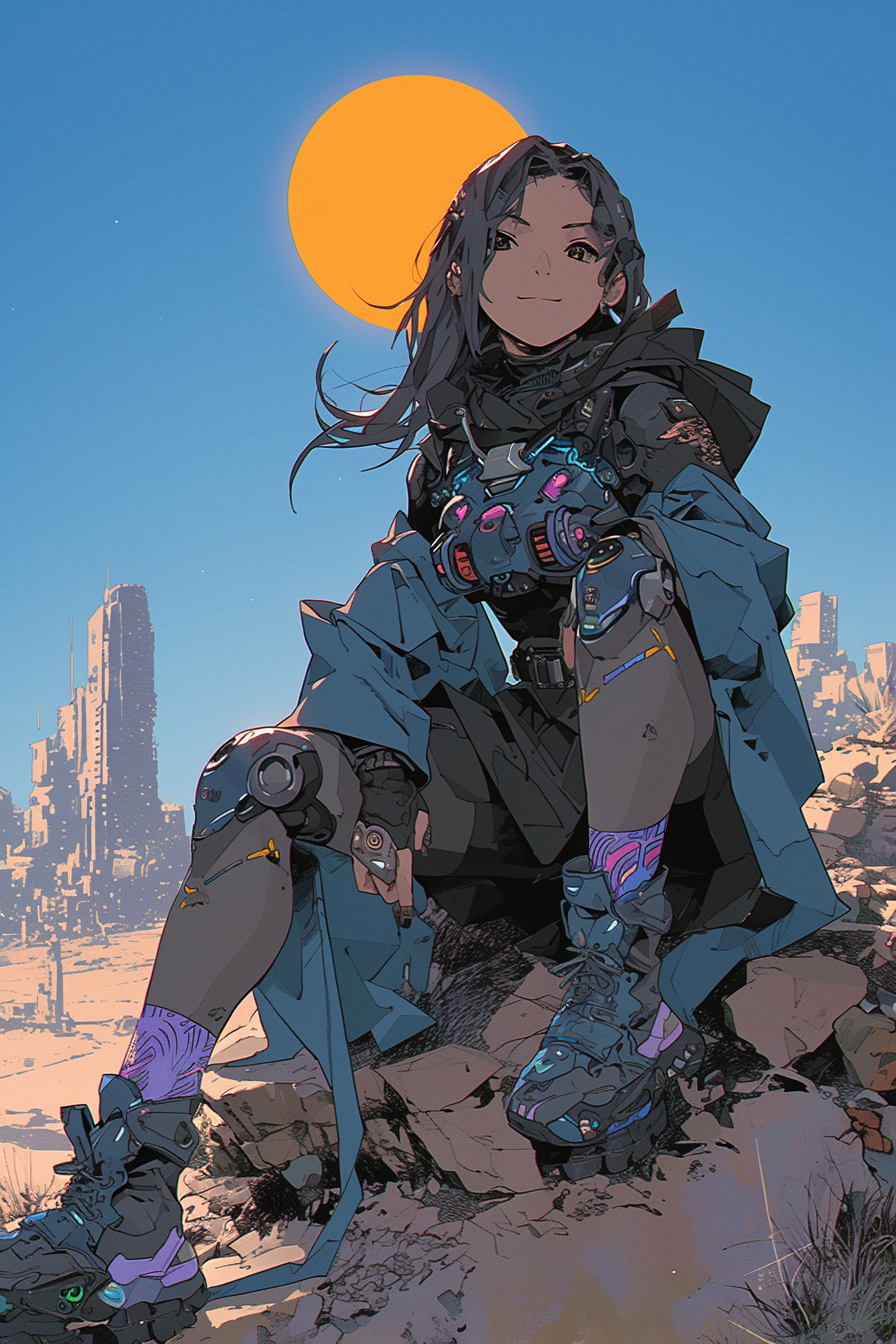 Anime woman in futuristic desert city