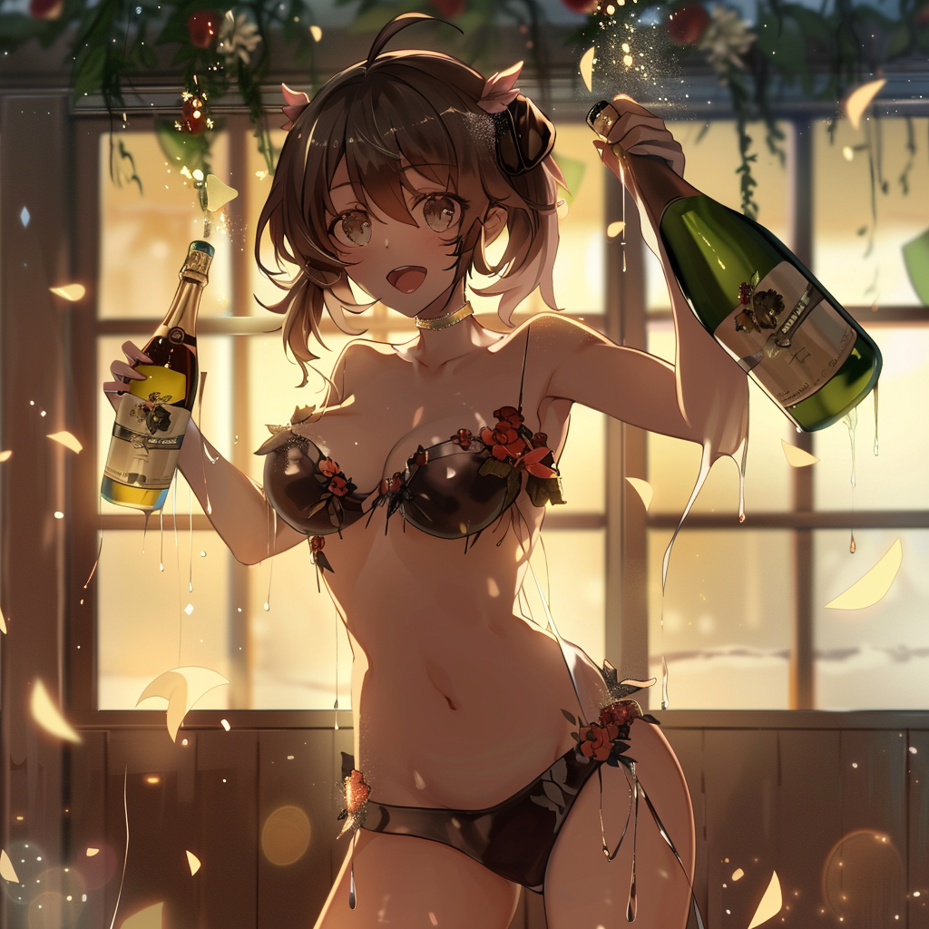 anime waifu celebrating with champagne