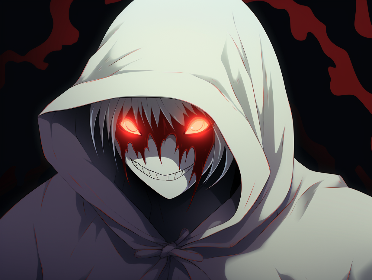 Smiling white ghost with hood and red eyes