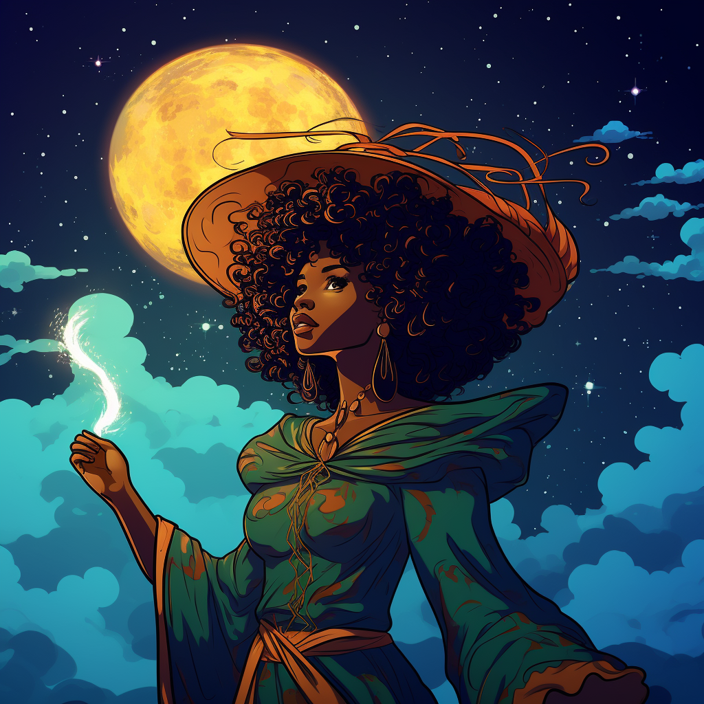 Anime African American Witch in Retro Style