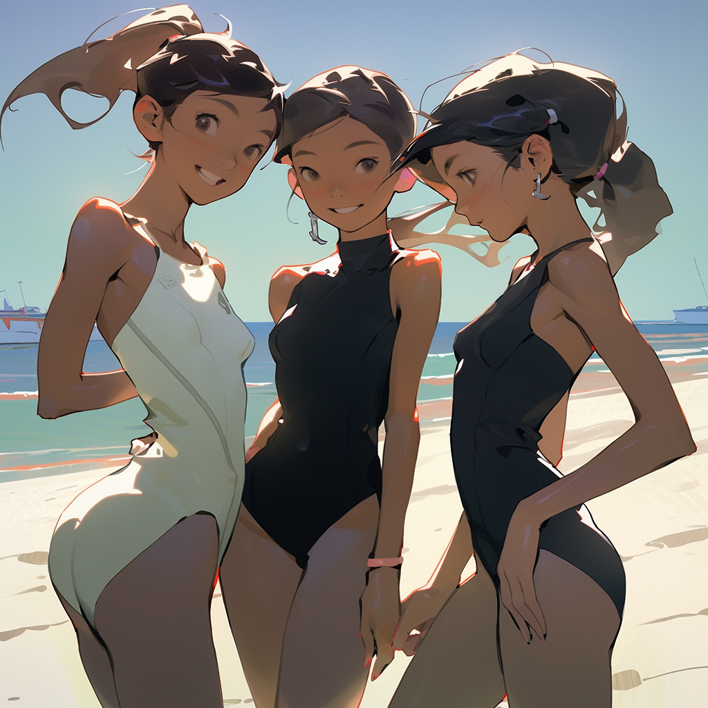 Three young women in stylish swim attire at the beach