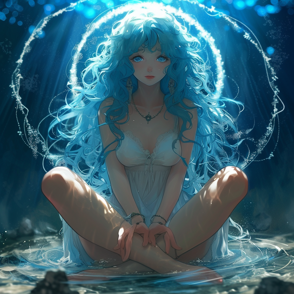 Long-legged anime beauty with blue halo and curly hair