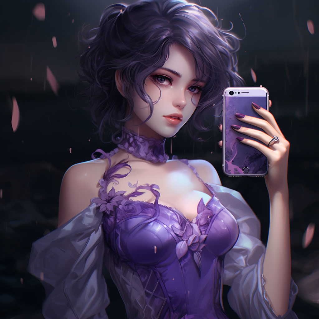 Anime Beauty with Purple Texture holding iPhone15 Pro